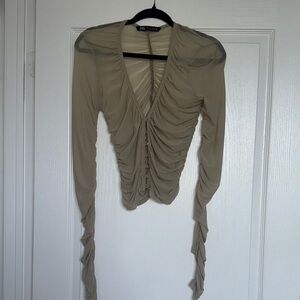 Zara Tan Ruched Fitted Blouse